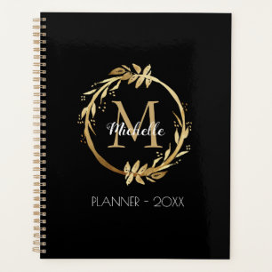 Elegant Custom Gold Wreath Monogram Black Planner