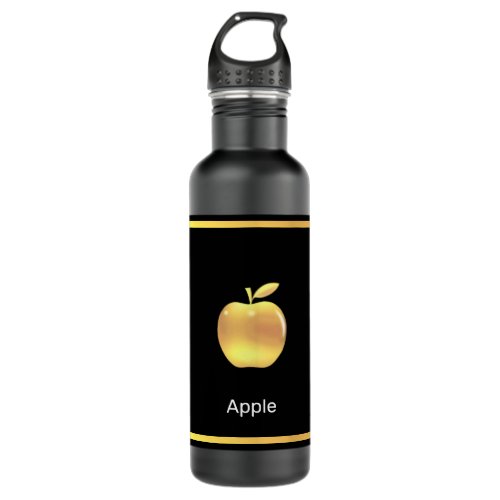 Elegant Custom Golden Apple Image  Text on Black  Stainless Steel Water Bottle