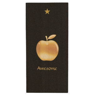 Elegant custom golden apple, star & text on black wood flash drive