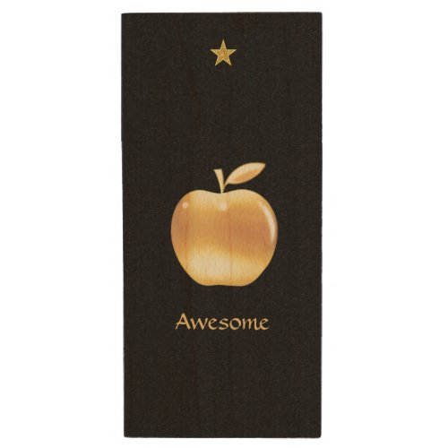 Elegant custom golden apple star  text on black wood flash drive