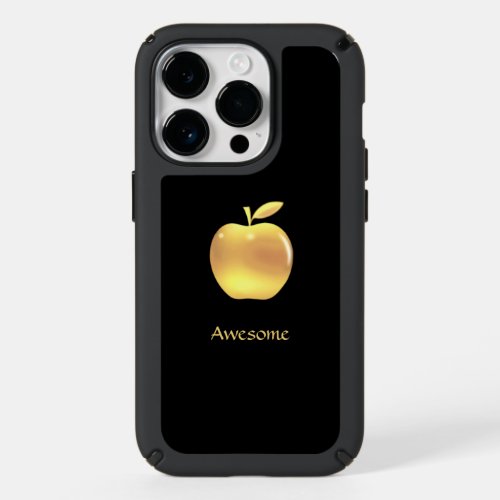 Elegant custom golden apple  text on black speck iPhone 14 pro case