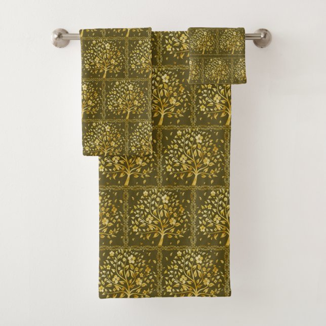 Elegant Custom Golden Tree Pattern on Brown Bath Towel Set (Insitu)