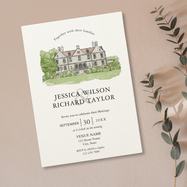 Elegant Custom Hand Drawn Venue Manor Illustration Invitation (hand drawn wedding venue invitation)