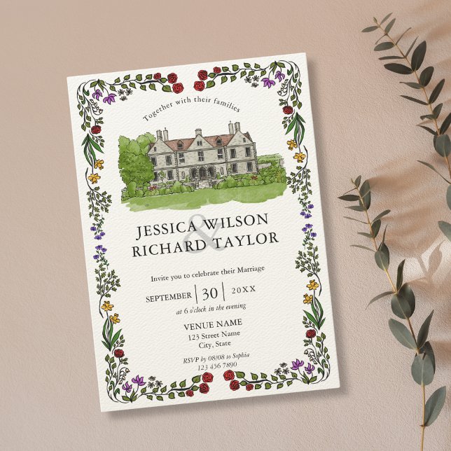 Elegant Custom Hand Drawn Venue Manor Illustration Invitation (illustrated wedding mansion venue with floral frame, wedding invitation)