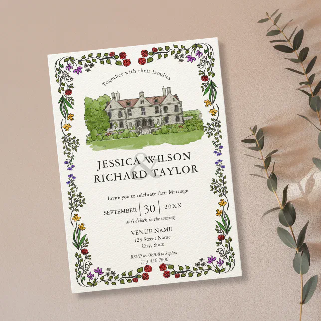 Elegant Custom Hand Drawn Venue Manor Illustration Invitation | Zazzle