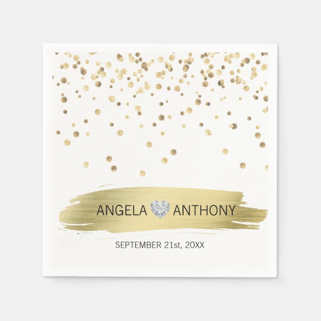 Elegant Custom Heart White Gold Confetti Wedding Napkins (Front)