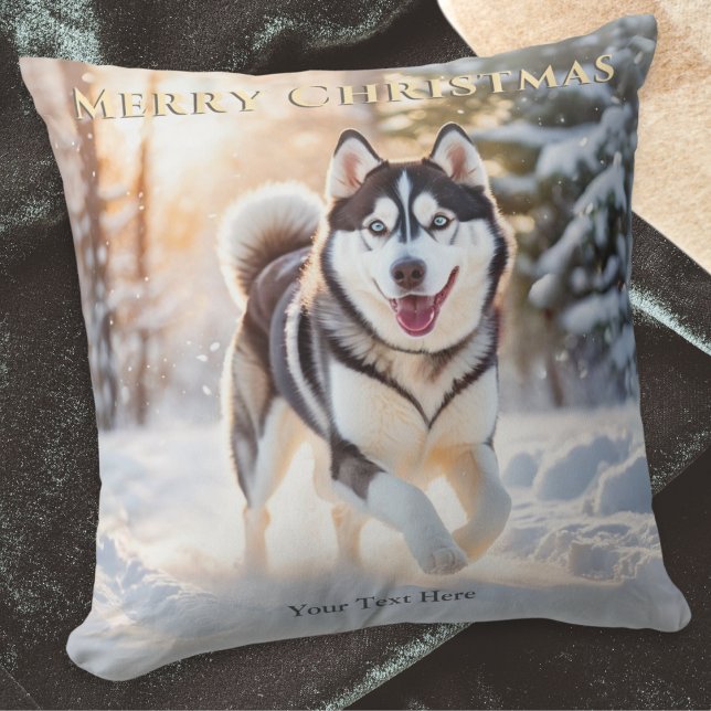 Elegant Custom Husky Dog In Snow Merry Christmas Throw Pillow (A personalized Christmas pillow, with picture on both sides of a husky in snow in a watercolor style)