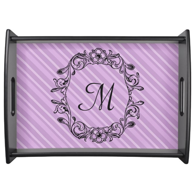 Elegant Custom Initial LavenderStripe Serving Tray (Front)