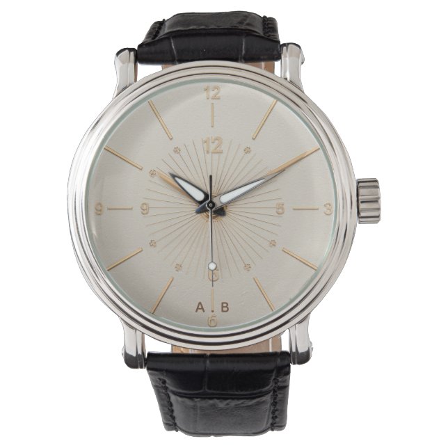 Elegant Custom Initials Gold Sunburst Leather Watc Watch (Front)