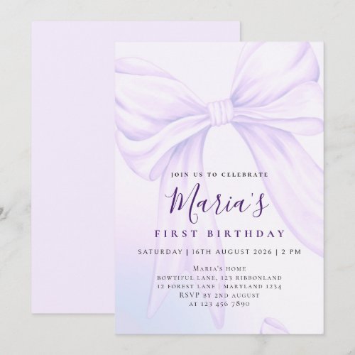Elegant Custom Lavender Bow First Birthday Invitation
