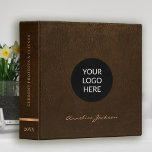 Elegant custom logo modern script name leather 3 ring binder<br><div class="desc">Stylish chic logo personalized office or school work organizer binder featuring a faux gold copper metallic square and dividers over a stylish brown faux leather look (PRINTED) background.                Suitable for small business,  home office,  corporate or independent business professionals,  school,  personal branding,  portfolios or stylists,  managers,  teachers,  students.</div>