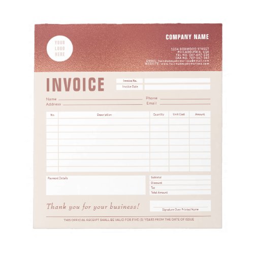 Elegant Custom Logo Rose Gold Foil Invoice Form Notepad