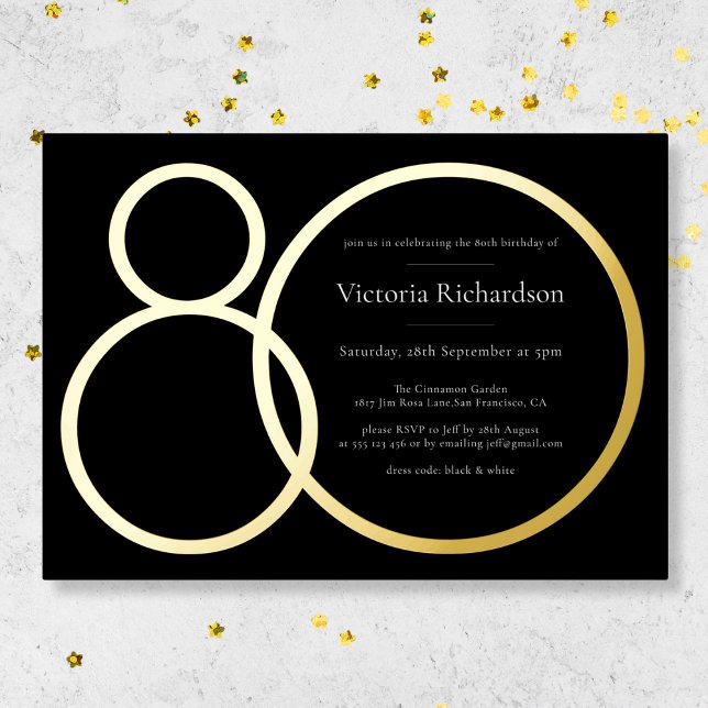 Elegant Custom Minimalist Black 80th Birthday Gold Foil Invitation (Mockup View)
