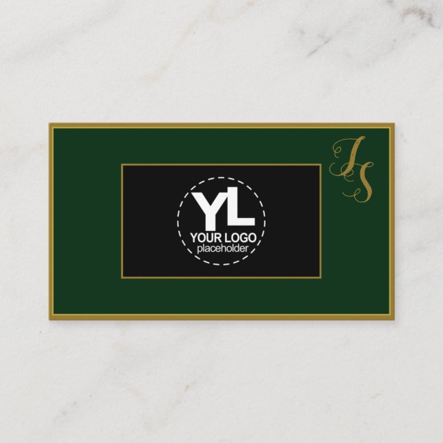 Elegant Custom Monogram and Logo Dark Green Black Business Card (Front)