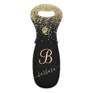 Elegant Custom Monogram Black Gold Sparkle Wine Bag