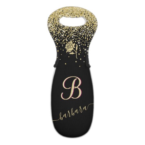 Elegant Custom Monogram Black Gold Sparkle  Wine Bag