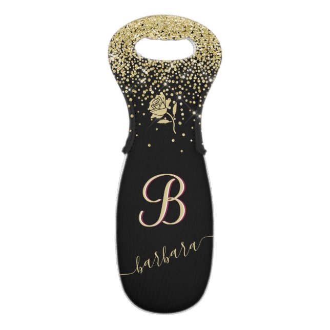 Elegant Custom Monogram Black Gold Sparkle  Wine Bag (Front Flat)