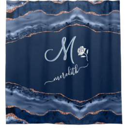 Elegant Custom Monogram Blue Gold Agate Shower Curtain