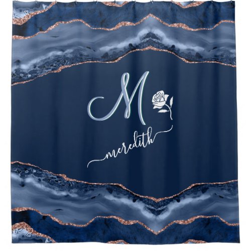 Elegant Custom Monogram Blue Gold Agate  Shower Curtain