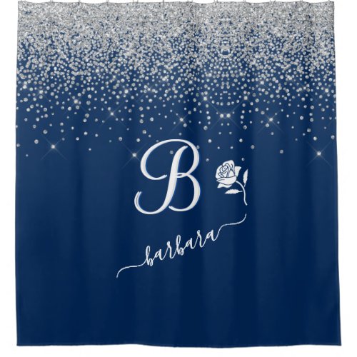 Elegant Custom Monogram Blue Silver Sparkle   Shower Curtain