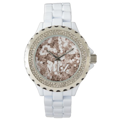 Elegant Custom Monogram Bronze White Glitter Look Watch