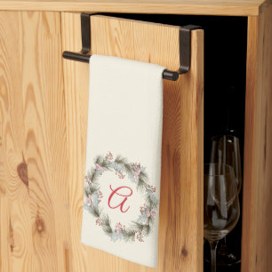 Elegant Custom Monogram Christmas Wreath  Kitchen Towel