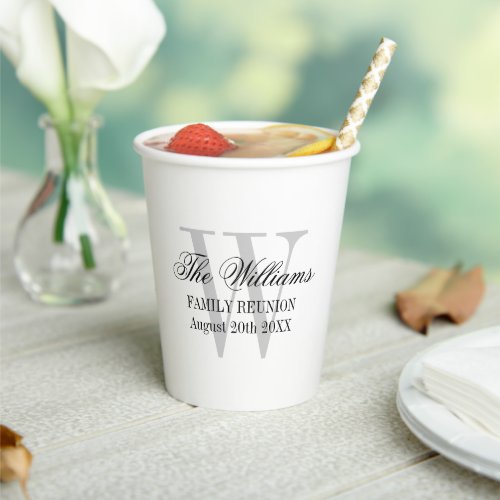 Elegant custom monogram family reunion party paper cups