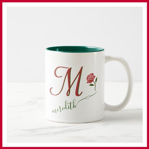 Elegant Custom Monogram Floral Heart Name   Two_Tone Coffee Mug