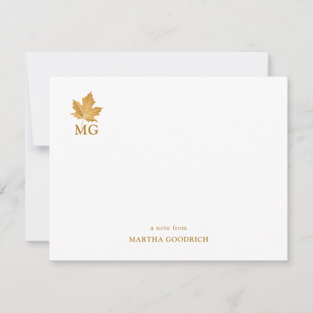 Elegant Custom Monogram Gold Ochre Maple Leaf Flat Note Card (Front)