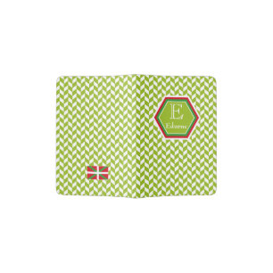 Elegant custom monogram, green chevron pattern: passport holder