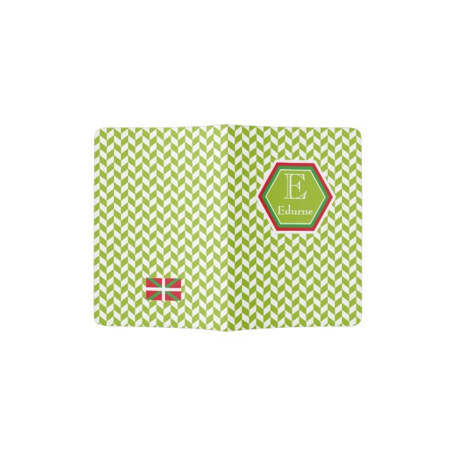 Elegant custom monogram, green chevron pattern: passport holder (Opened)