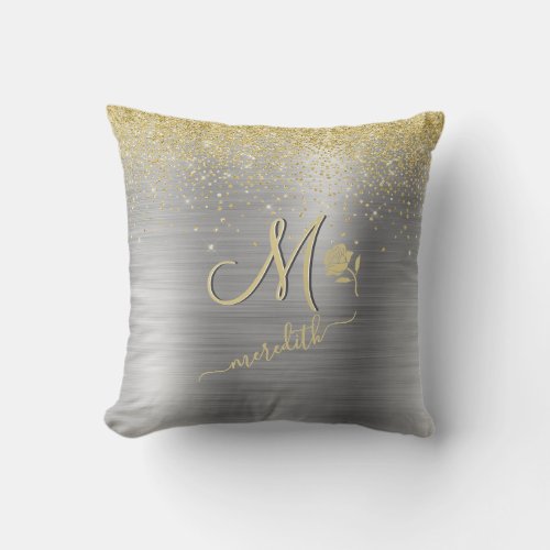 Elegant Custom Monogram Grey Gold Glitter    Throw Pillow
