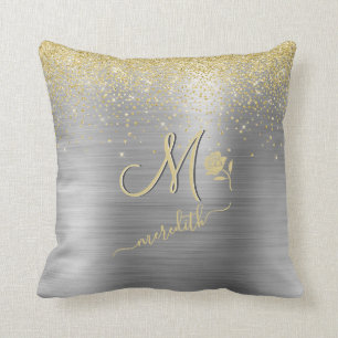 Elegant Custom Monogram Grey Gold Glitter    Throw Pillow