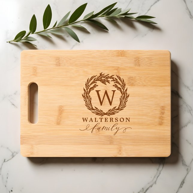 Elegant Custom Monogram Laurel Wreath Family Name Engraved Cutting Board (Elegant Custom Monogram Laurel Wreath Family Name Cutting Board)