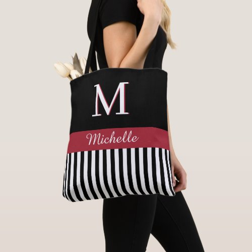 Elegant Custom Monogram Name Black White Stripes  Tote Bag