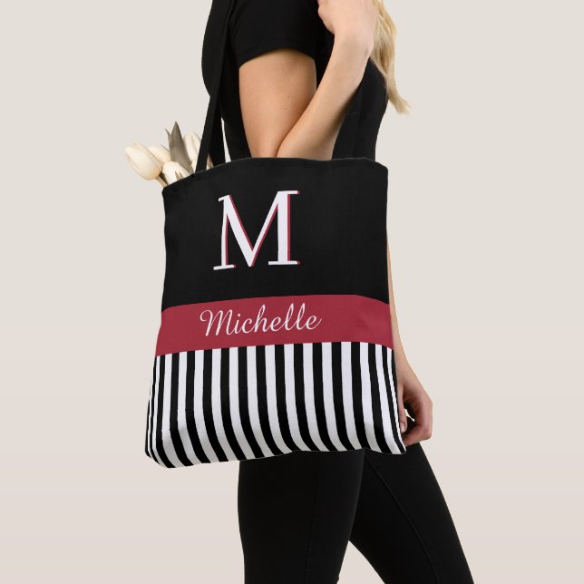 Elegant Custom Monogram Name Black White Stripes  Tote Bag (Close Up)