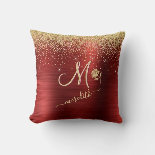 Elegant Custom Monogram Red Gold Glitter   Throw Pillow