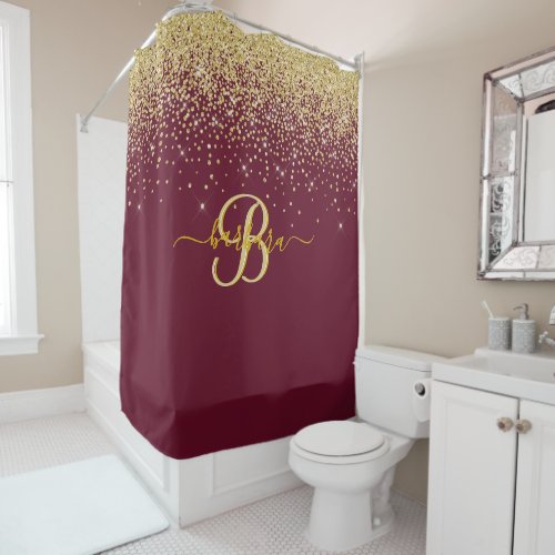 Elegant Custom Monogram Red Gold Sparkle   Shower Curtain