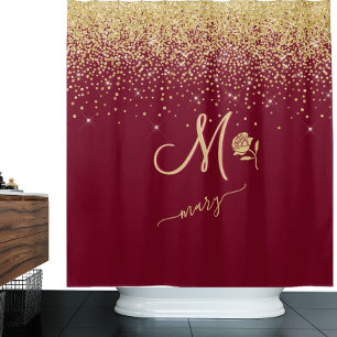 Elegant Custom Monogram Red Gold Sparkle Shower Curtain