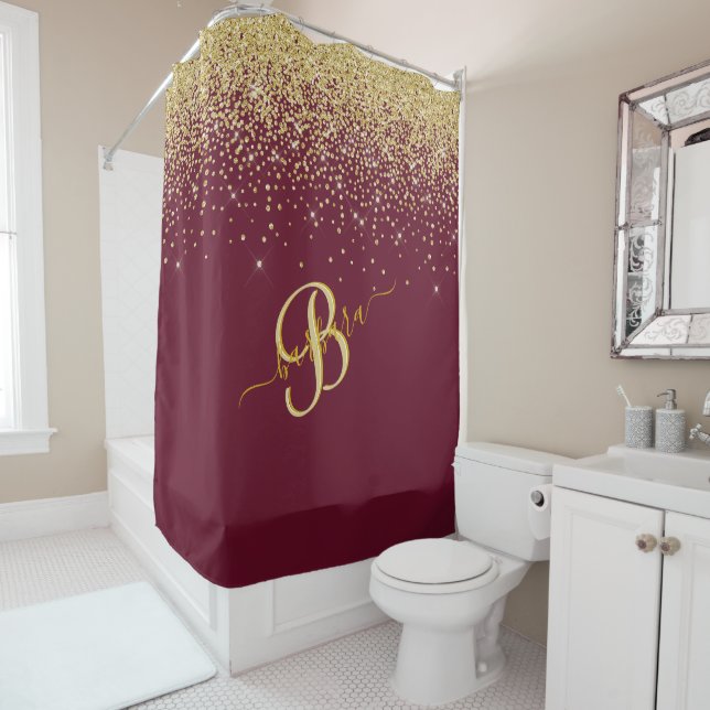 Elegant Custom Monogram Red Gold Sparkle    Shower Curtain (In Situ)