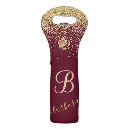 Elegant Custom Monogram Red Gold Sparkle   Wine Bag