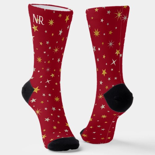  Elegant Custom Monogram Red  Gold Star Christmas Socks