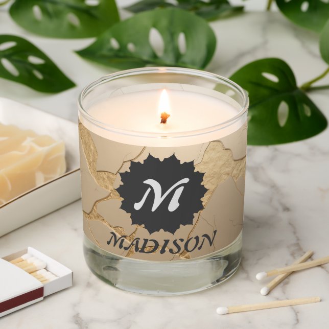 Elegant Custom Monogram Rose Gold Foil Marble Scented Candle (Lit)