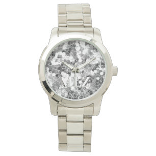 Elegant Custom Monogram Silver Glitter Look Watch