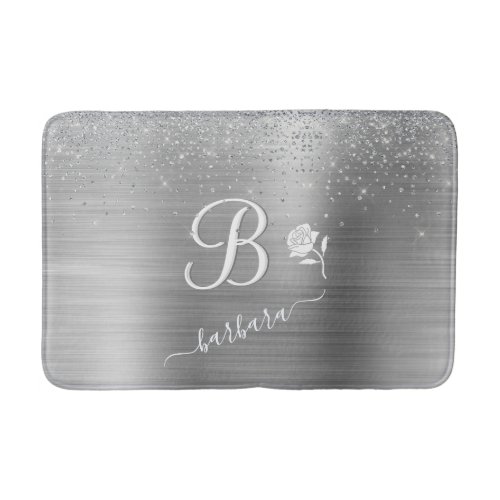 Elegant Custom Monogram Silver Sparkle   Bath Mat