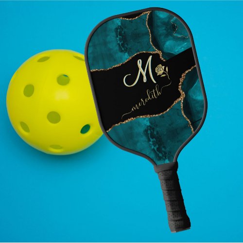 Elegant Custom Monogram Teal Black Gold  Pickleball Paddle