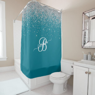 Elegant Custom Monogram Turquoise Silver Sparkle Shower Curtain