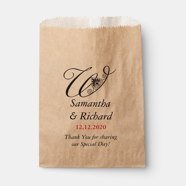 Elegant Custom Monogram W | Wedding Thank You Favor Bag (Front)