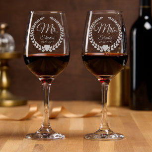 Elegant Custom Mr. & Mrs. Wedding Names and Date Wine Glass