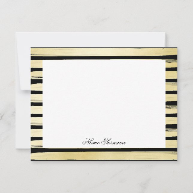 Elegant custom name black gold foil paint striped note card (Front)